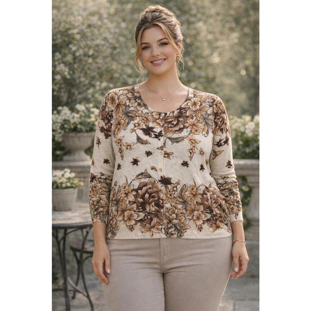 Cathy Daniels Women's Brown/Ivory Floral Cardigan w/Front Rhinestones, XL